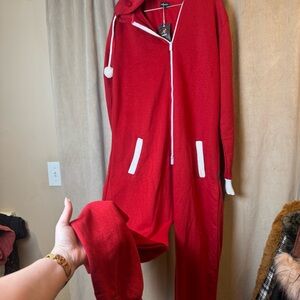 Cozy Red Hooded Jumpsuit White Trim Holiday Onesie‎ with Hood Men’s or women’s